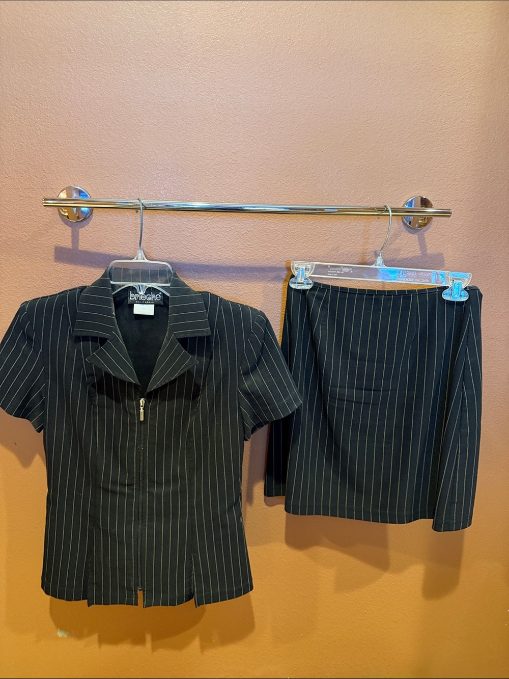 Black Pinstripe Short Sleeve Zip Shirt & Skirt Set